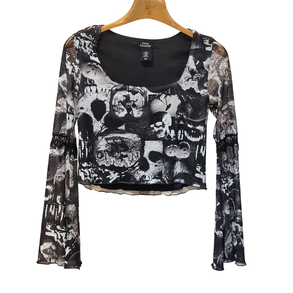 Social Collision Womens Skull Graphic Mesh Bell Sleeve Top Size MD Gothic Punk
